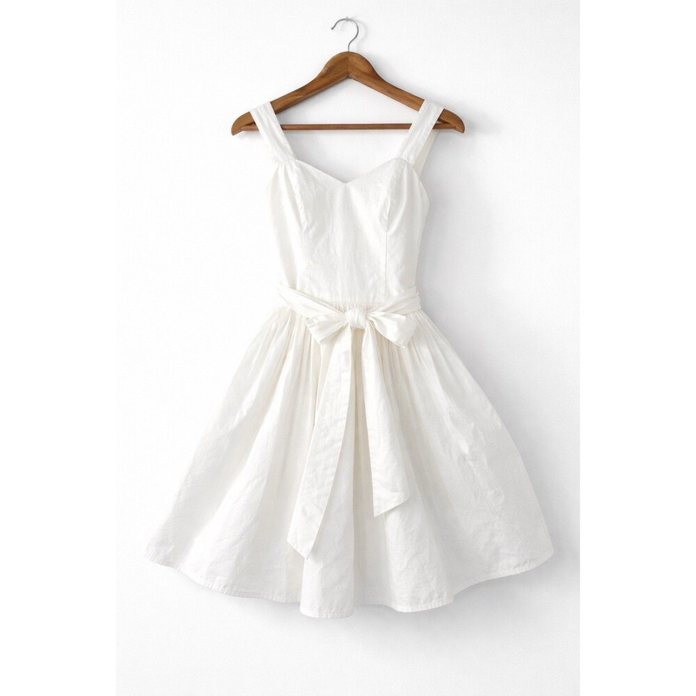 H&M White Cotton Dress Tie Waist Sleeveless Fit Flare Summer XS